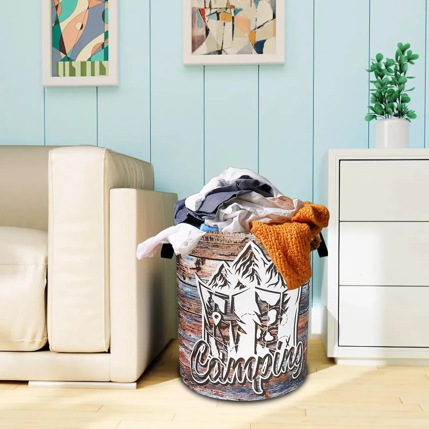 Camping Laundry Basket Oxford Cloth Funny Mountain Camper Laundry Hamper With Handle Foldable Portable Clothes Storage Basket 18.9 X 16.5 Inch Storage Bag For Laundry Room/Bathroom/Bedroom/Dormitories