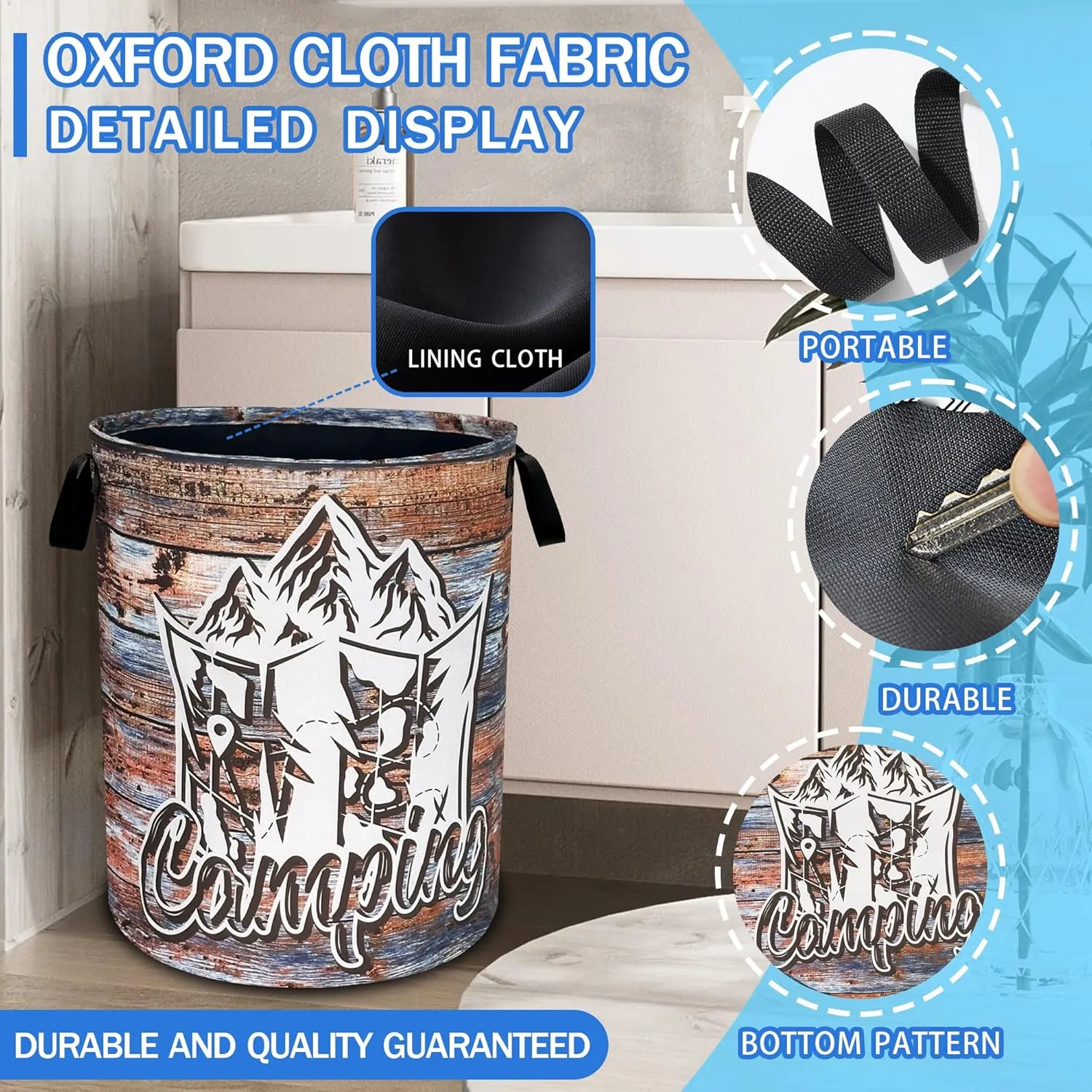 Camping Laundry Basket Oxford Cloth Funny Mountain Camper Laundry Hamper With Handle Foldable Portable Clothes Storage Basket 18.9 X 16.5 Inch Storage Bag For Laundry Room/Bathroom/Bedroom/Dormitories