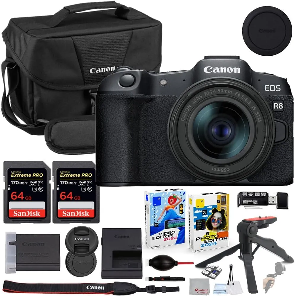 Canon EOS R8 Mirrorless Camera with 24-50mm Lens Bundle with Canon 200ES EOS Shoulder Bag   2X 64GB Extreme Memory Cards   Accessory Kit