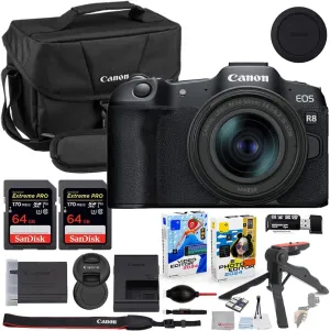 Canon EOS R8 Mirrorless Camera with 24-50mm Lens Bundle with Canon 200ES EOS Shoulder Bag   2X 64GB Extreme Memory Cards   Accessory Kit