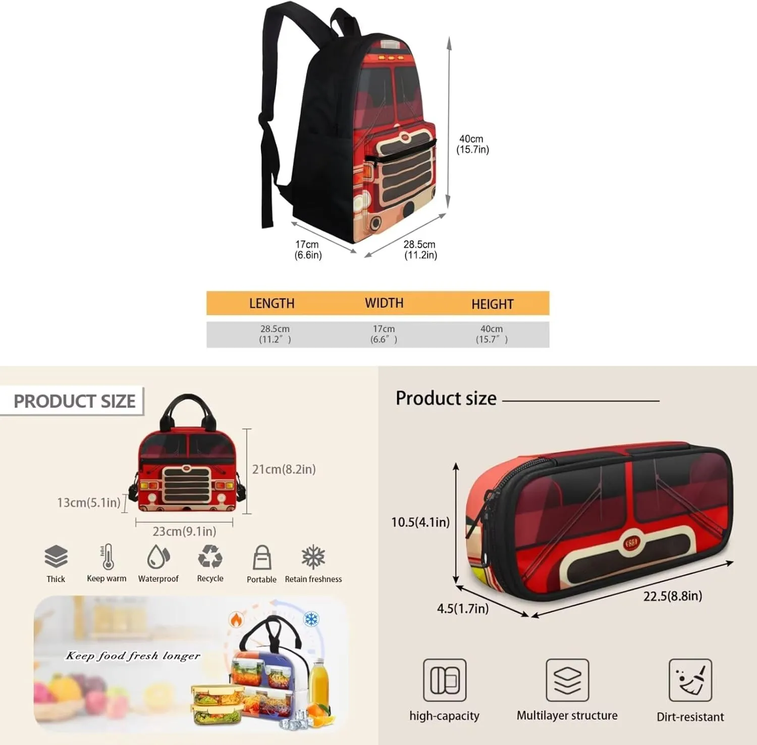 Car Print Backpack Set for Toddler Boys Grades 2 to 8 Removable Strap Meal Bags for Kids 15 inch Large Capacity Tote Bag School for School Picnic Travel Outdoor