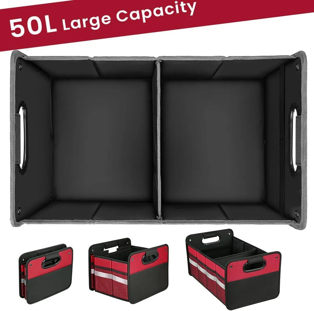 Car Trunk Organizer, Car Storage Organizer, Collapsible Multi Compartment for Car, Suv, Sedan, Truck, 100L, Extra Larger (Red, 50L)