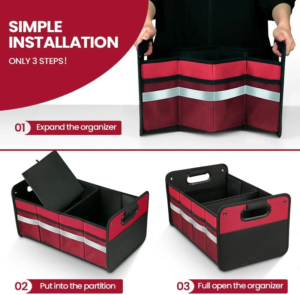 Car Trunk Organizer, Car Storage Organizer, Collapsible Multi Compartment for Car, Suv, Sedan, Truck, 100L, Extra Larger (Red, 50L)