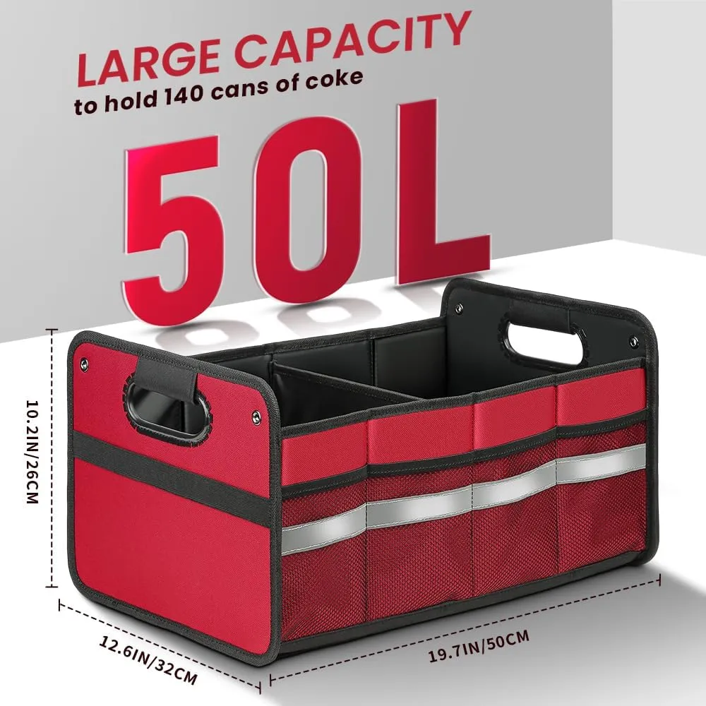 Car Trunk Organizer, Car Storage Organizer, Collapsible Multi Compartment for Car, Suv, Sedan, Truck, 100L, Extra Larger (Red, 50L)