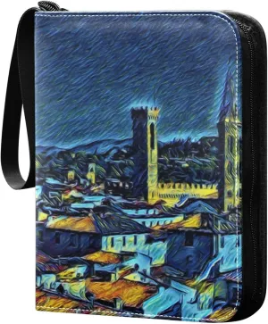Card Binder 4 Pocket, Trading Card Binder Holder Fits 400 Cards with 50 Sleeves, Card Collection Binder Album Book Holder for Baseball Football Games Cards, Retro Oil Painting Building