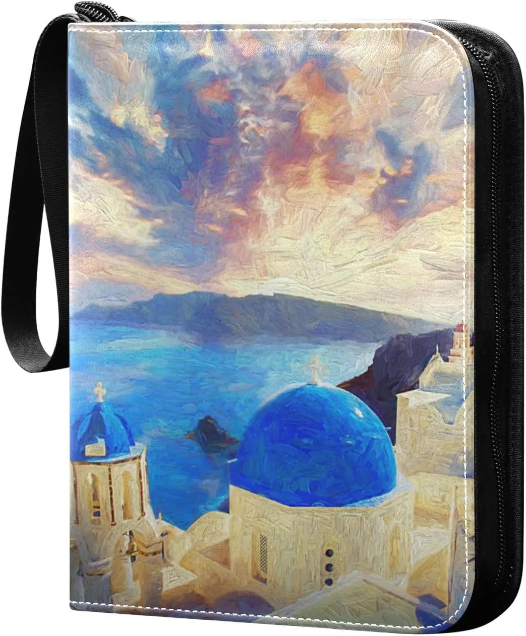 Card Binder 4 Pocket, Trading Card Binder Holder Fits 400 Cards with 50 Sleeves, Card Collection Binder Album Book Holder for Baseball Football Games Cards, Santorini Oil Painting