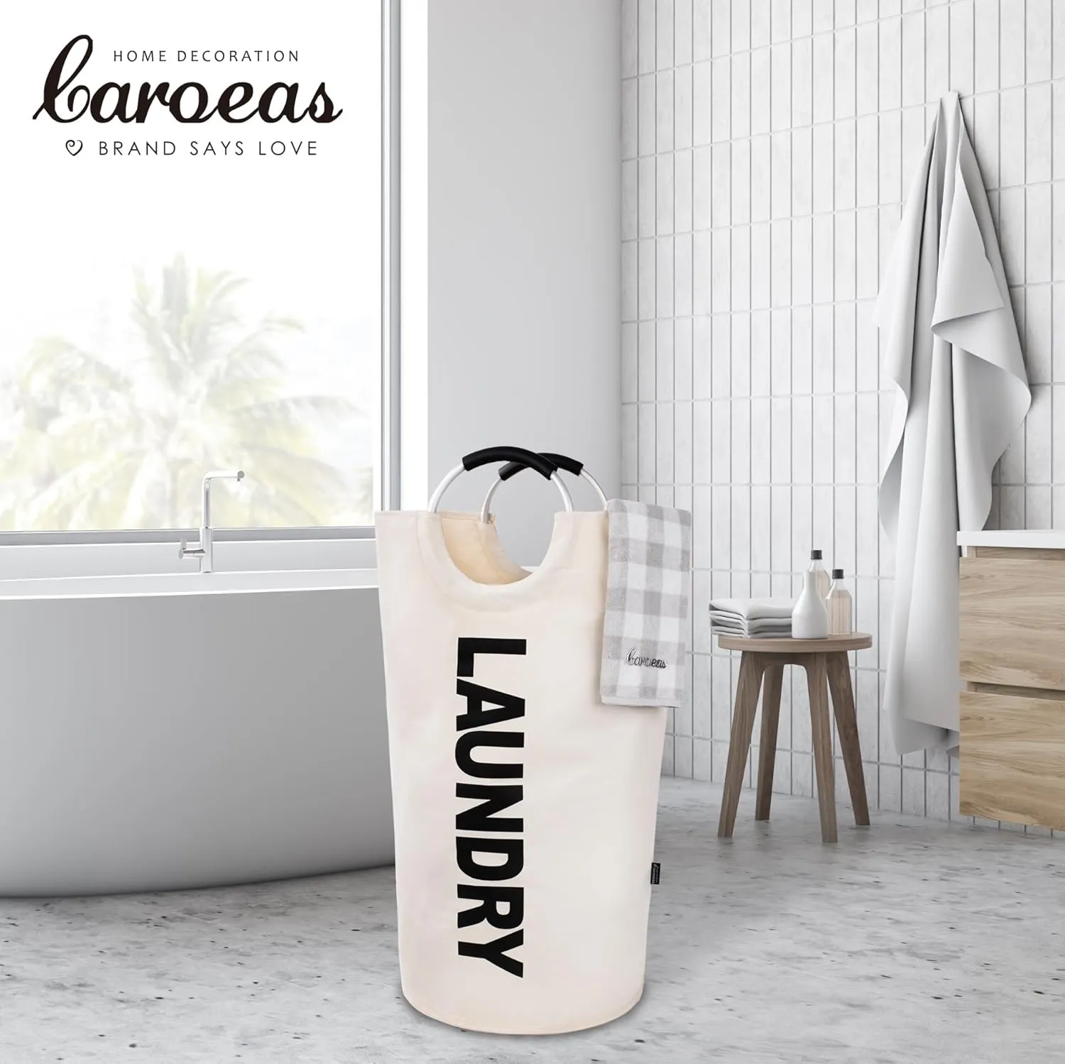 Caroeas 100L Laundry Basket,Large Laundry Hamper, Laundry Bag with Padded Handles, Clothes Hamper Stands Up Well, Collapsible Free Standing Easy Storage Washing Bin (Beige,100L)