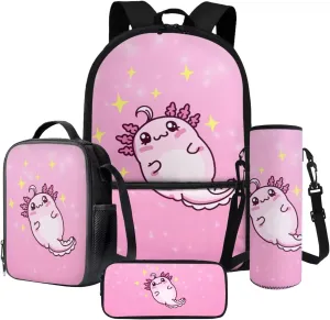 Cartoon Axolotl Star Print 4 Pieces Kid Backpack Bookbag Sets with Lunch Bag Pencil Case and Water Bottle Holder School Bag Travel Preschool Kindergarten Bookbag Back to School