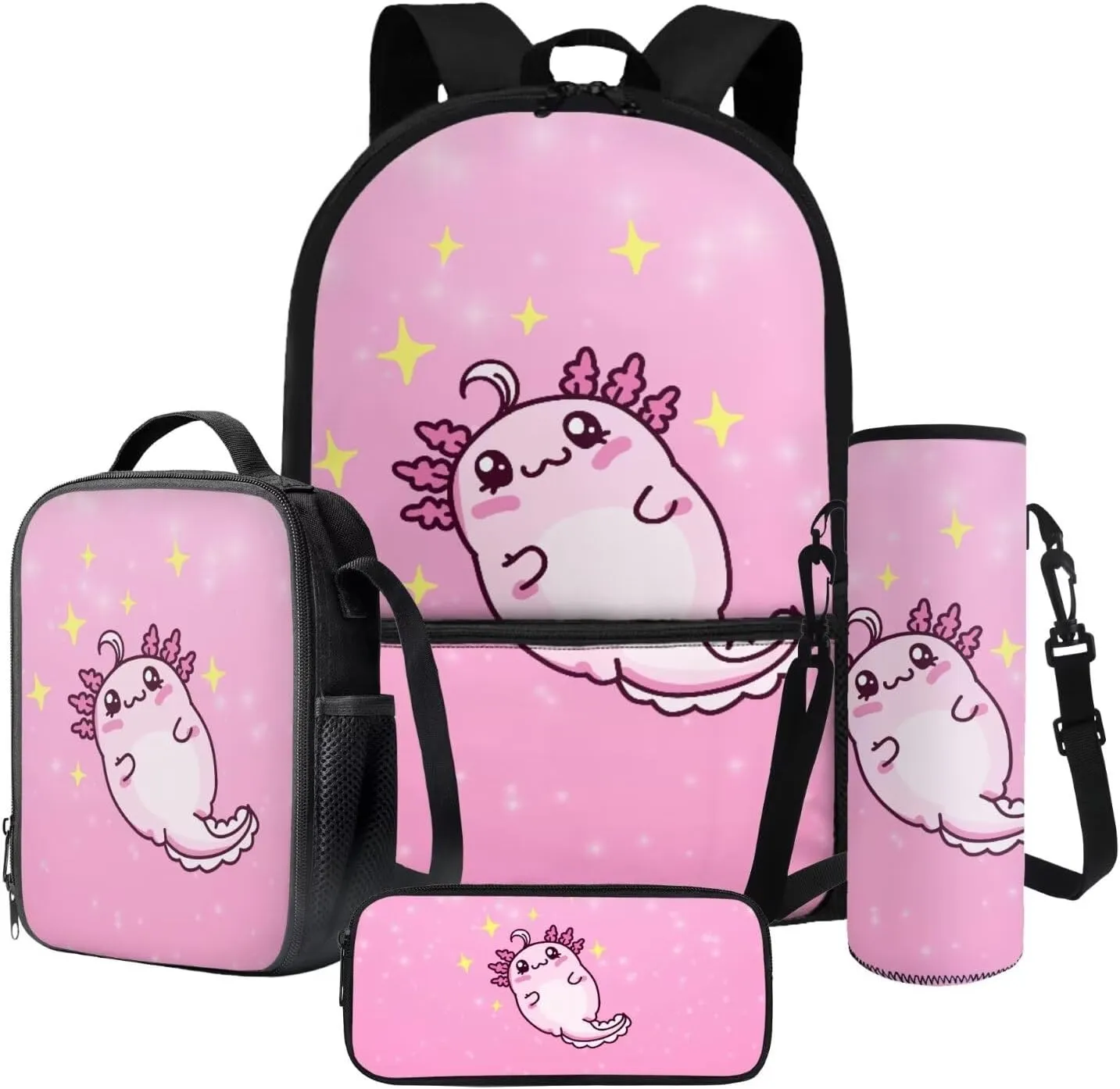 Cartoon Axolotl Star Print 4 Pieces Kid Backpack Bookbag Sets with Lunch Bag Pencil Case and Water Bottle Holder School Bag Travel Preschool Kindergarten Bookbag Back to School