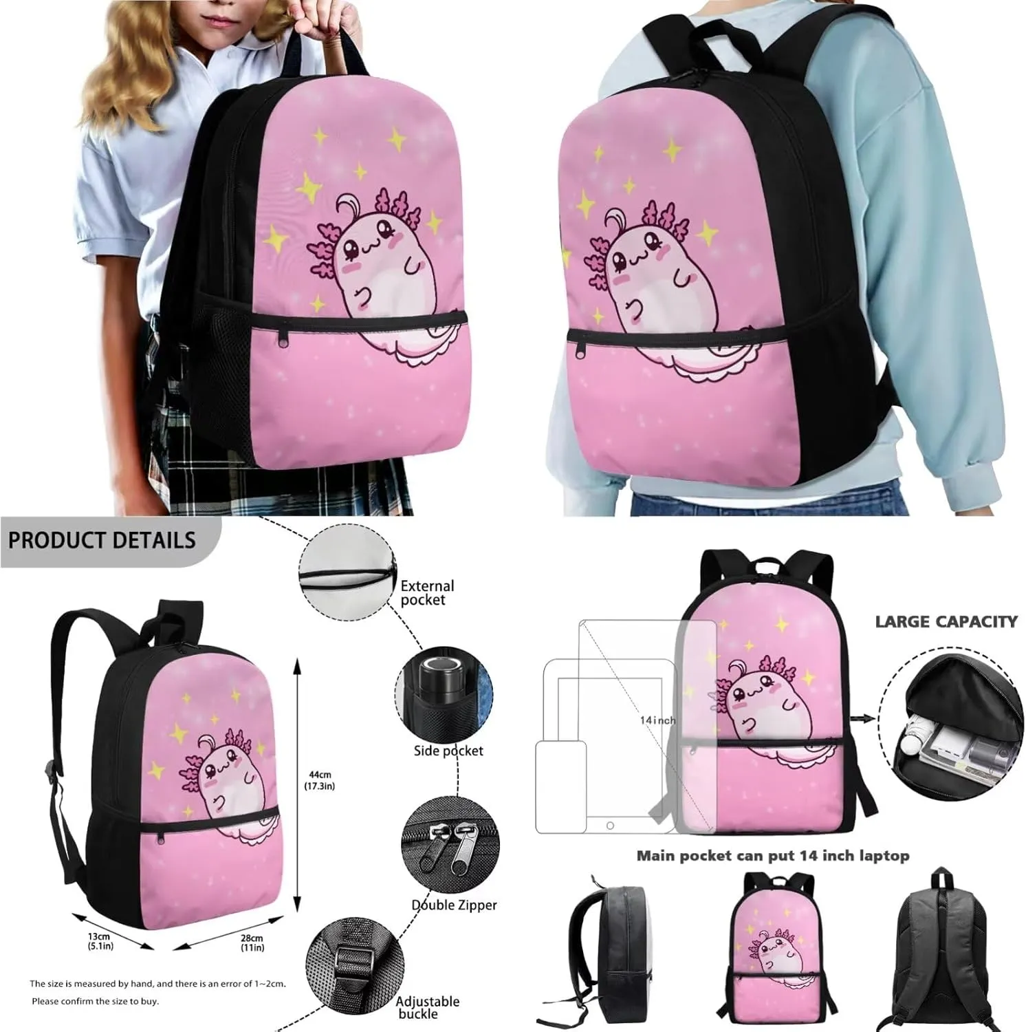 Cartoon Axolotl Star Print 4 Pieces Kid Backpack Bookbag Sets with Lunch Bag Pencil Case and Water Bottle Holder School Bag Travel Preschool Kindergarten Bookbag Back to School