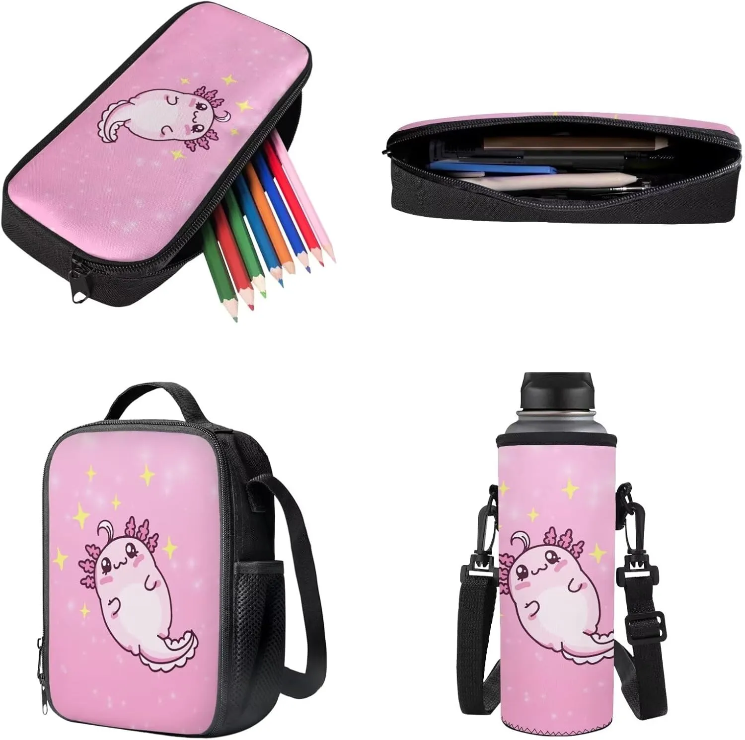 Cartoon Axolotl Star Print 4 Pieces Kid Backpack Bookbag Sets with Lunch Bag Pencil Case and Water Bottle Holder School Bag Travel Preschool Kindergarten Bookbag Back to School