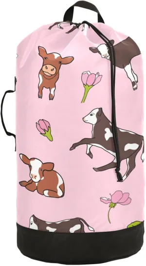 Cartoon Calf Cow Flowers Laundry Bag with Shoulder Straps Large Capacity Dirty Clothes Bag for College Dorm Apartment