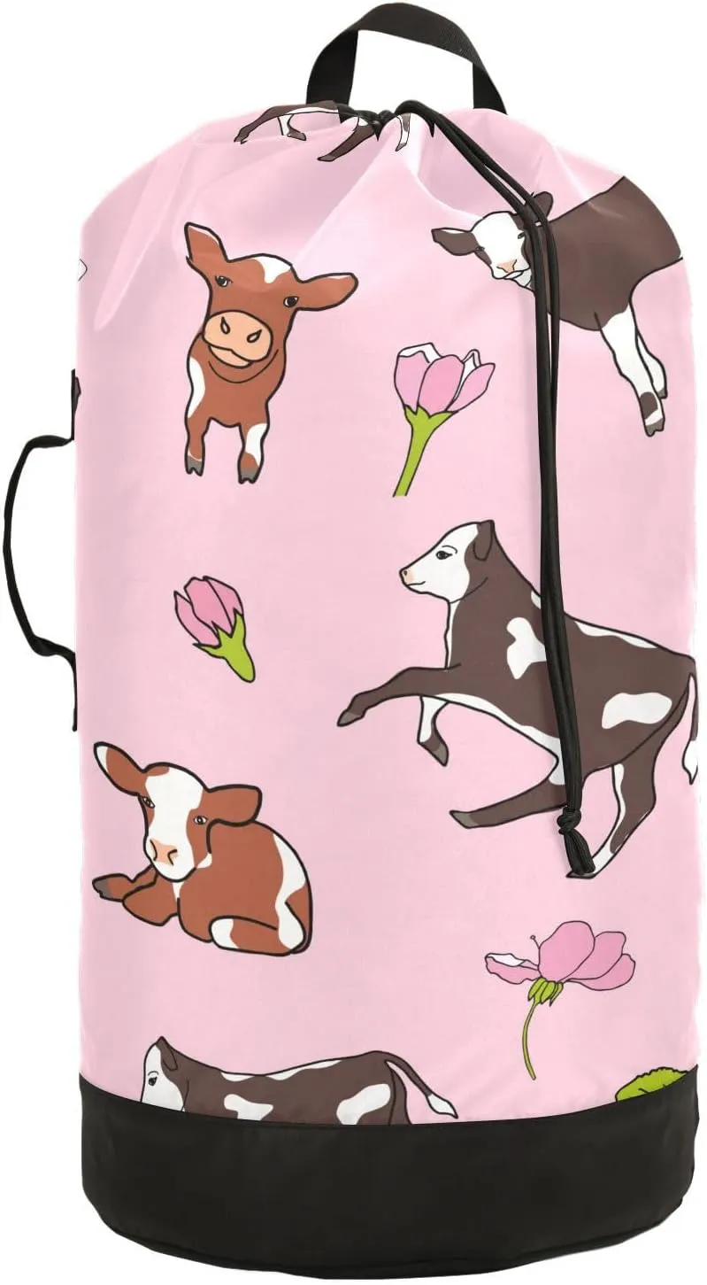 Cartoon Calf Cow Flowers Laundry Bag with Shoulder Straps Large Capacity Dirty Clothes Bag for College Dorm Apartment