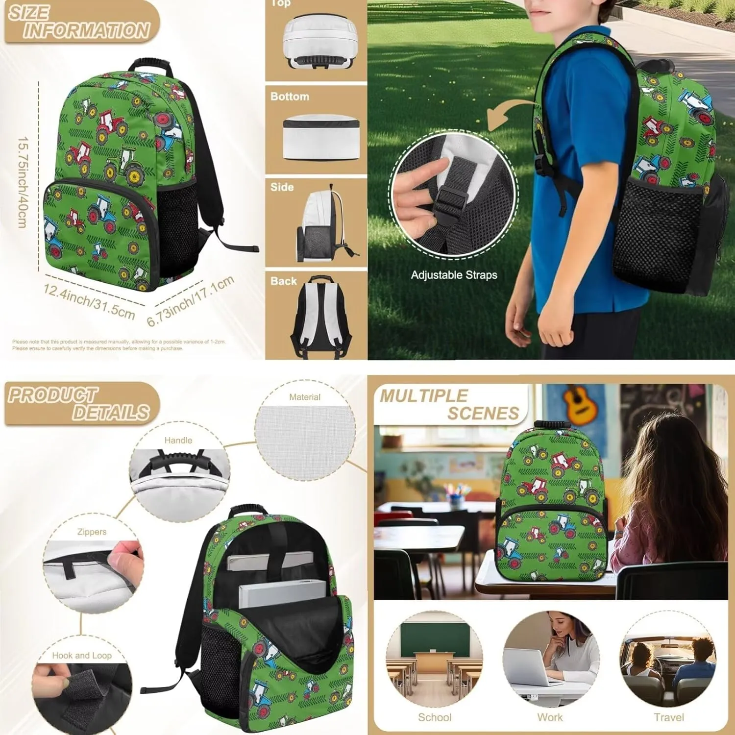 Cartoon Tractors Backpack for Toddler Boys 4 Pcs School Bag Kids Boys 4-5 Lunch Box Lightweight Kids Bookbag for School Classroom Travel Hiking