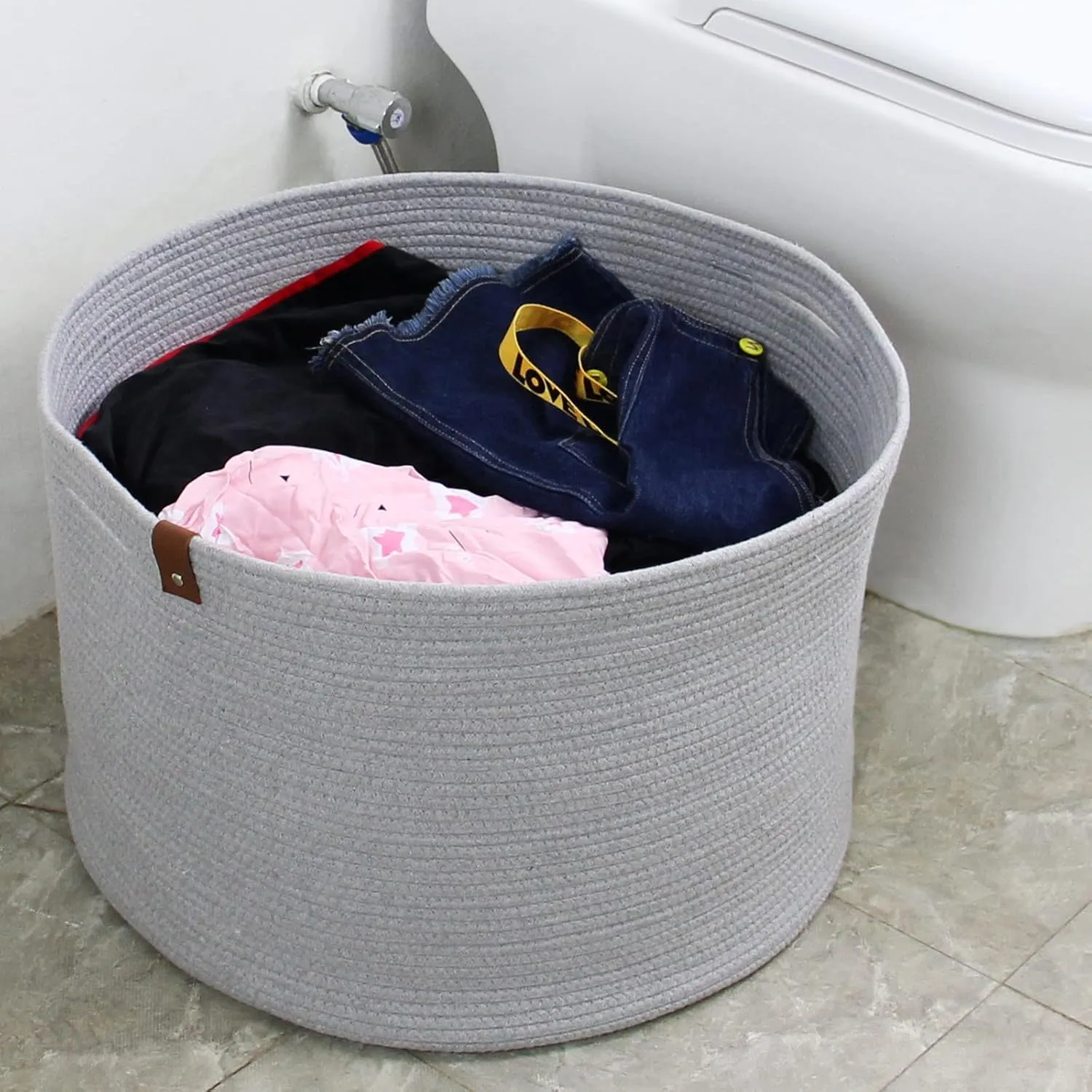 Casaphoria XXXLarge Cotton Rope Basket for Living Room - Woven Storage Basket with Handle for Blankets, Towels and Pillows Laundry Hamper | Dark Grey (21" x 21" x 13.8")