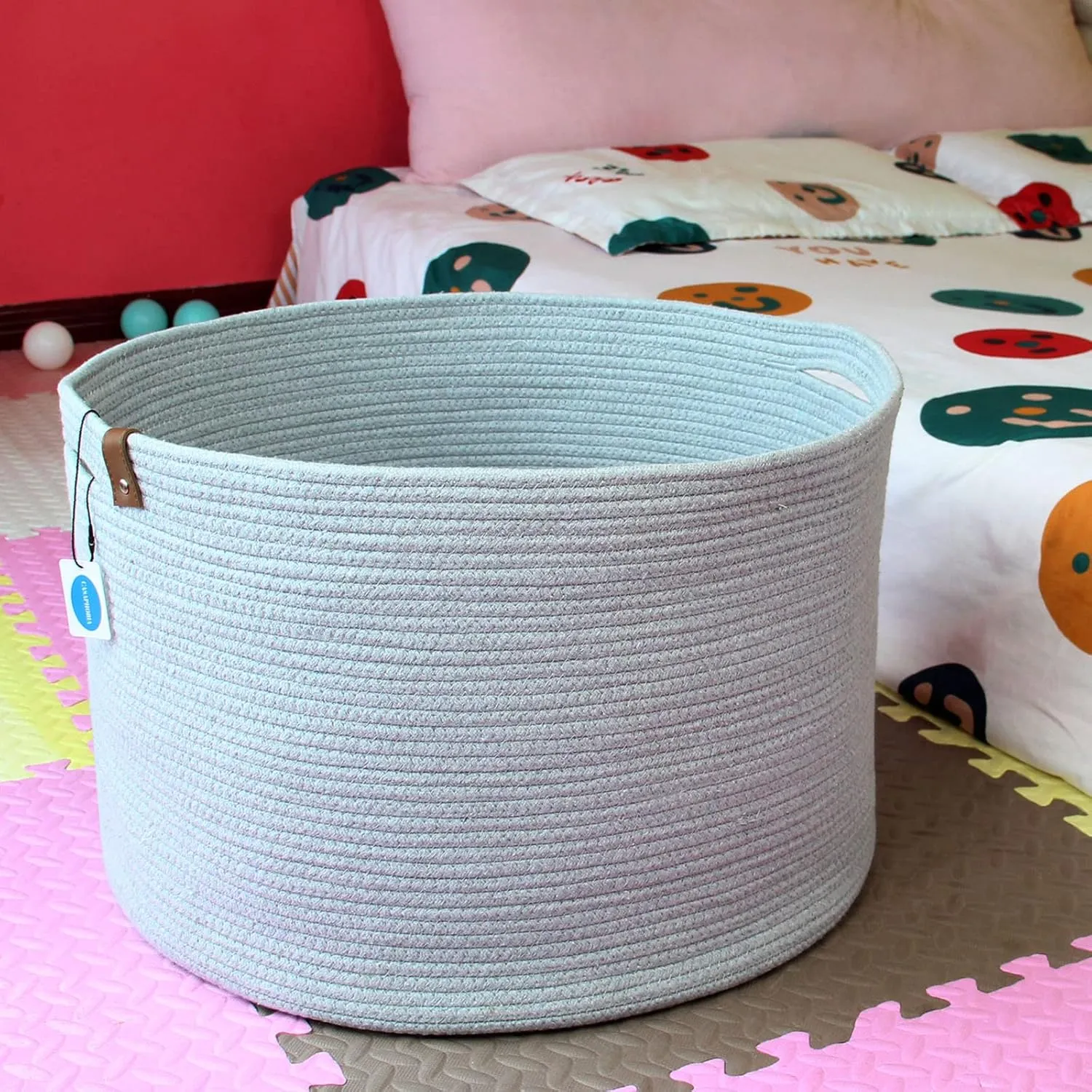 Casaphoria XXXLarge Cotton Rope Basket for Living Room - Woven Storage Basket with Handle for Blankets, Towels and Pillows Laundry Hamper | Dark Grey (21" x 21" x 13.8")