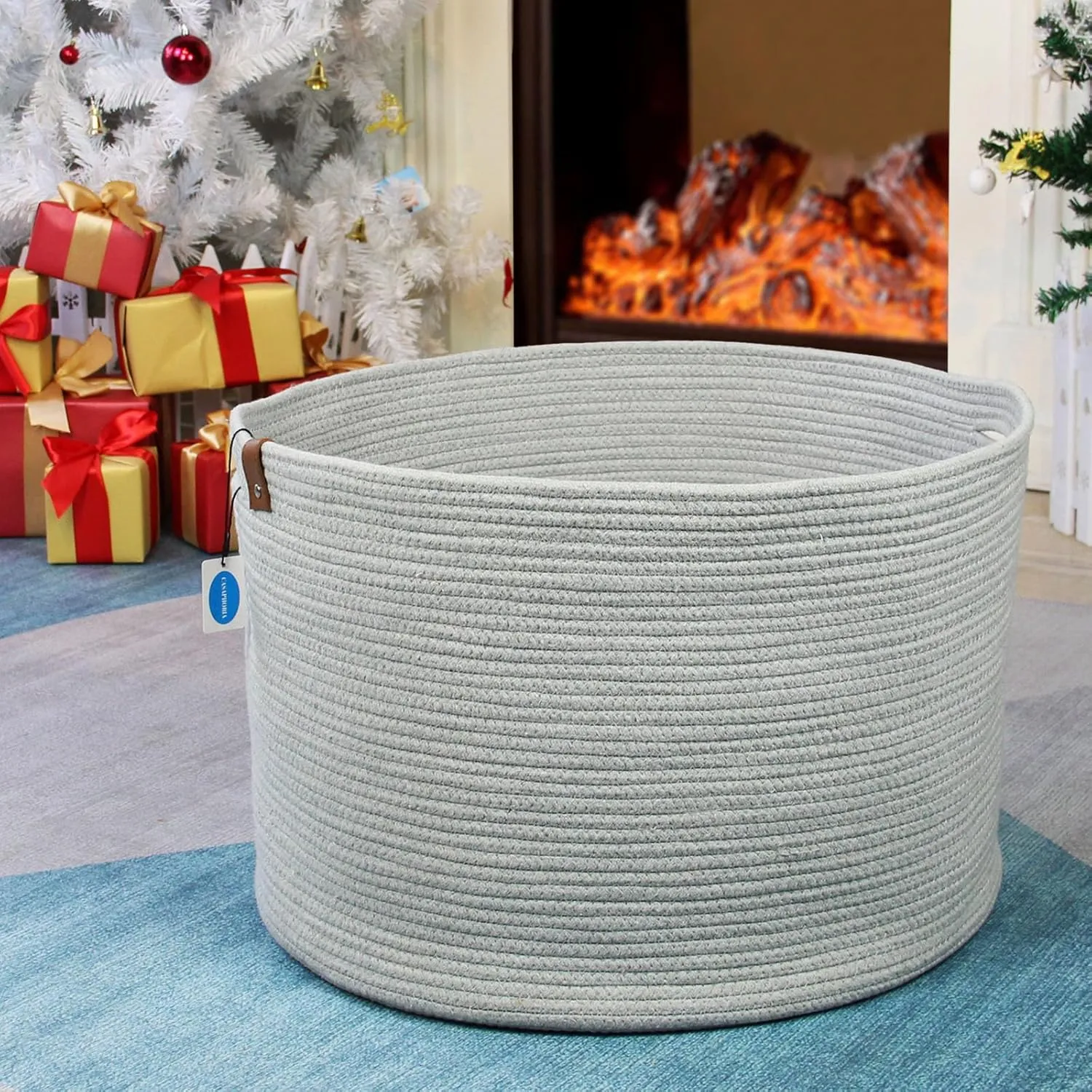 Casaphoria XXXLarge Cotton Rope Basket for Living Room - Woven Storage Basket with Handle for Blankets, Towels and Pillows Laundry Hamper | Dark Grey (21" x 21" x 13.8")