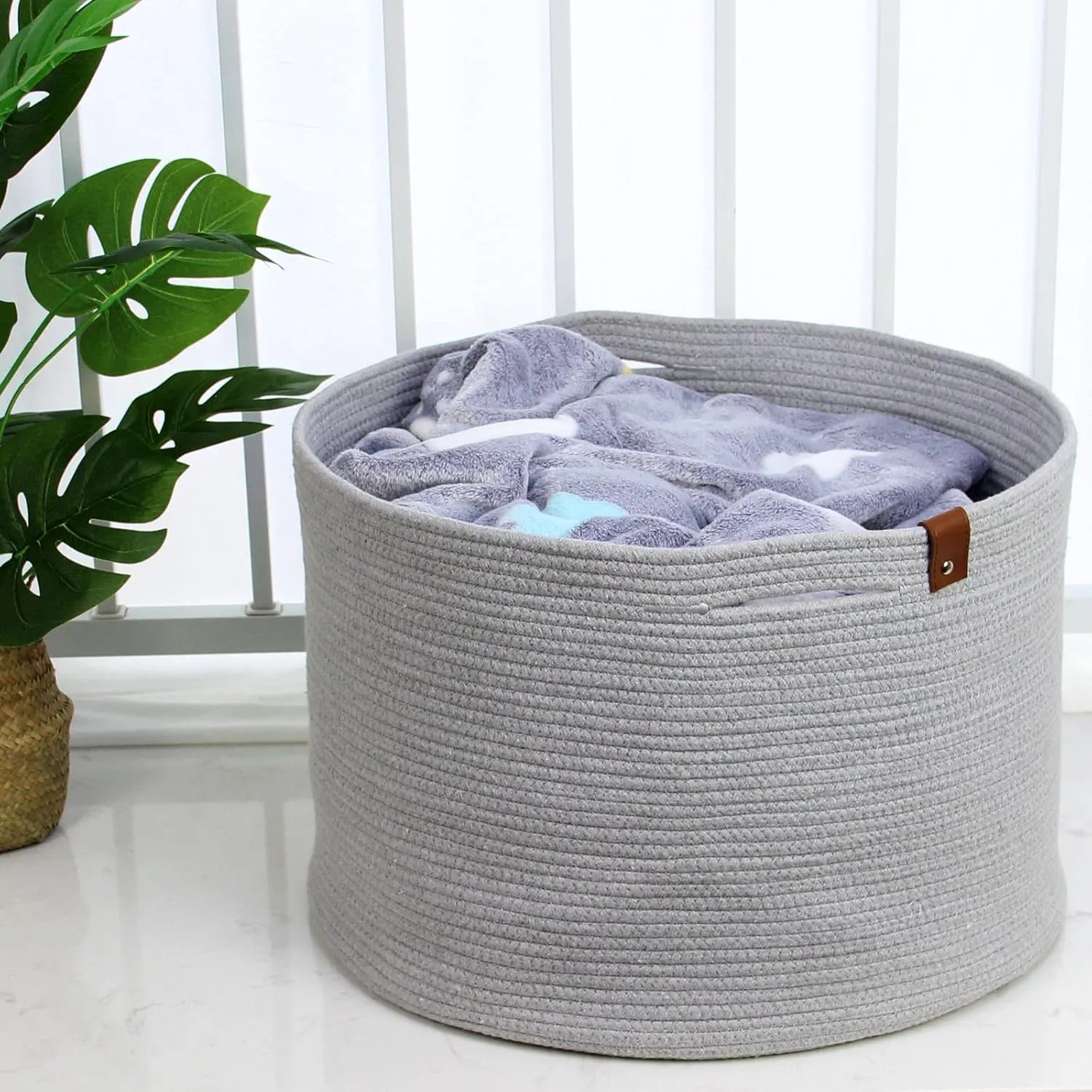 Casaphoria XXXLarge Cotton Rope Basket for Living Room - Woven Storage Basket with Handle for Blankets, Towels and Pillows Laundry Hamper | Dark Grey (21" x 21" x 13.8")