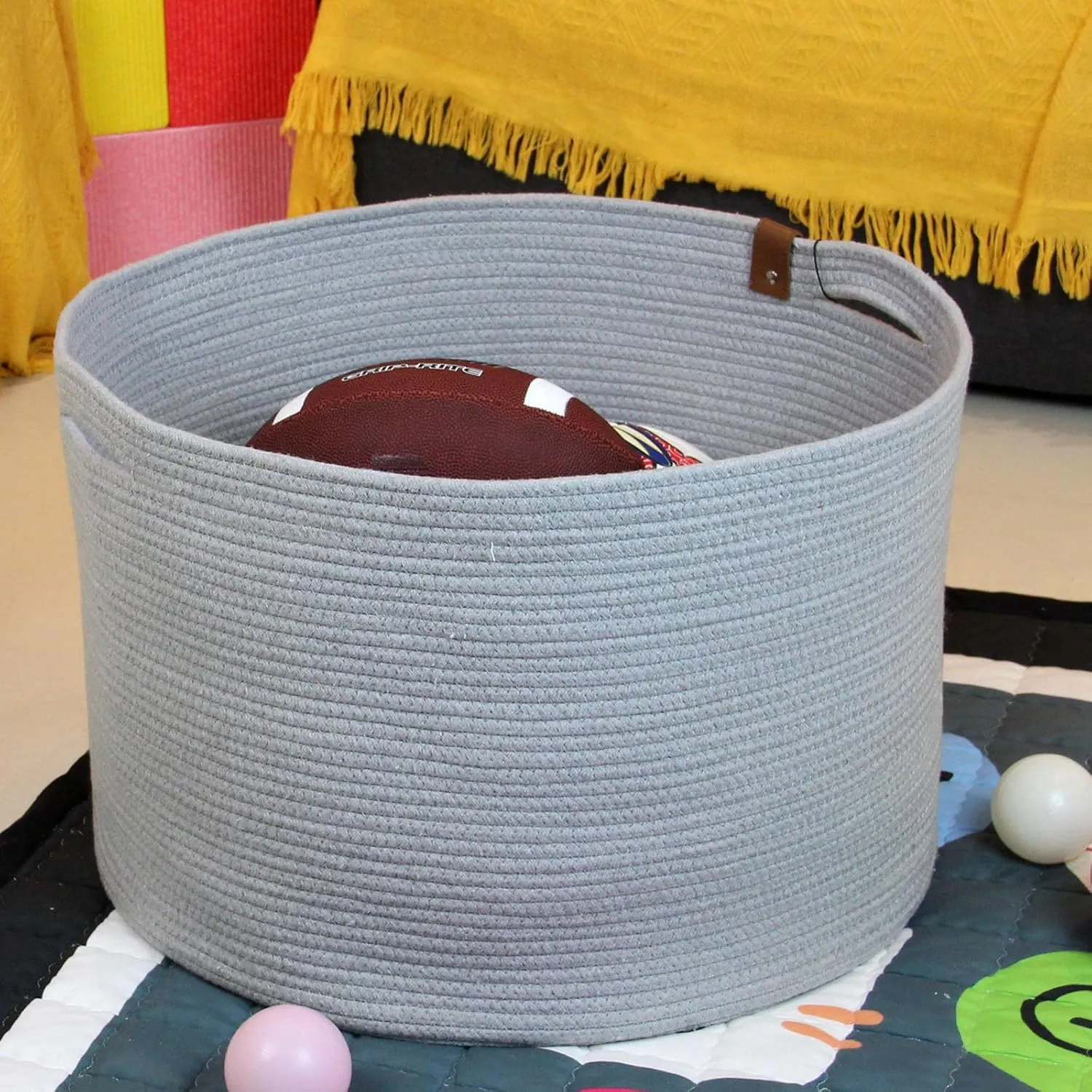 Casaphoria XXXLarge Cotton Rope Basket for Living Room - Woven Storage Basket with Handle for Blankets, Towels and Pillows Laundry Hamper | Dark Grey (21" x 21" x 13.8")