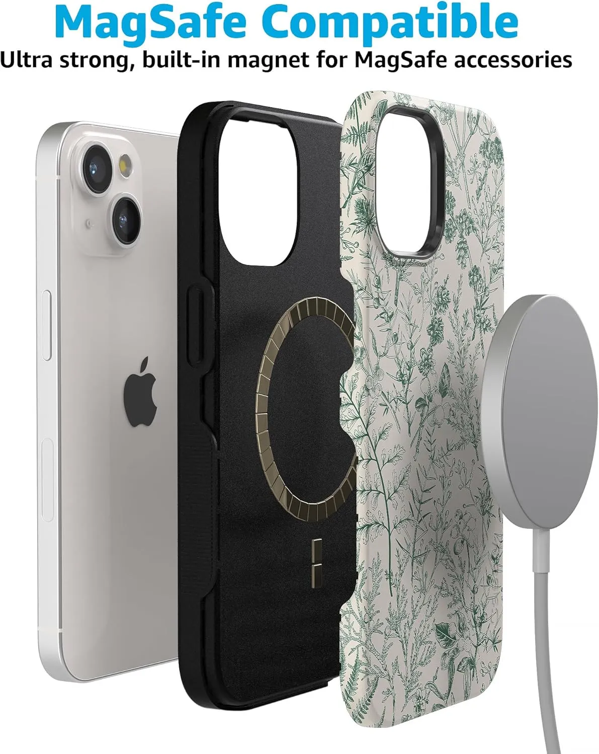 Casely iPhone 15 Case | Sage Garden | Green Floral | Bold Protective Case Design | Compatible with MagSafe