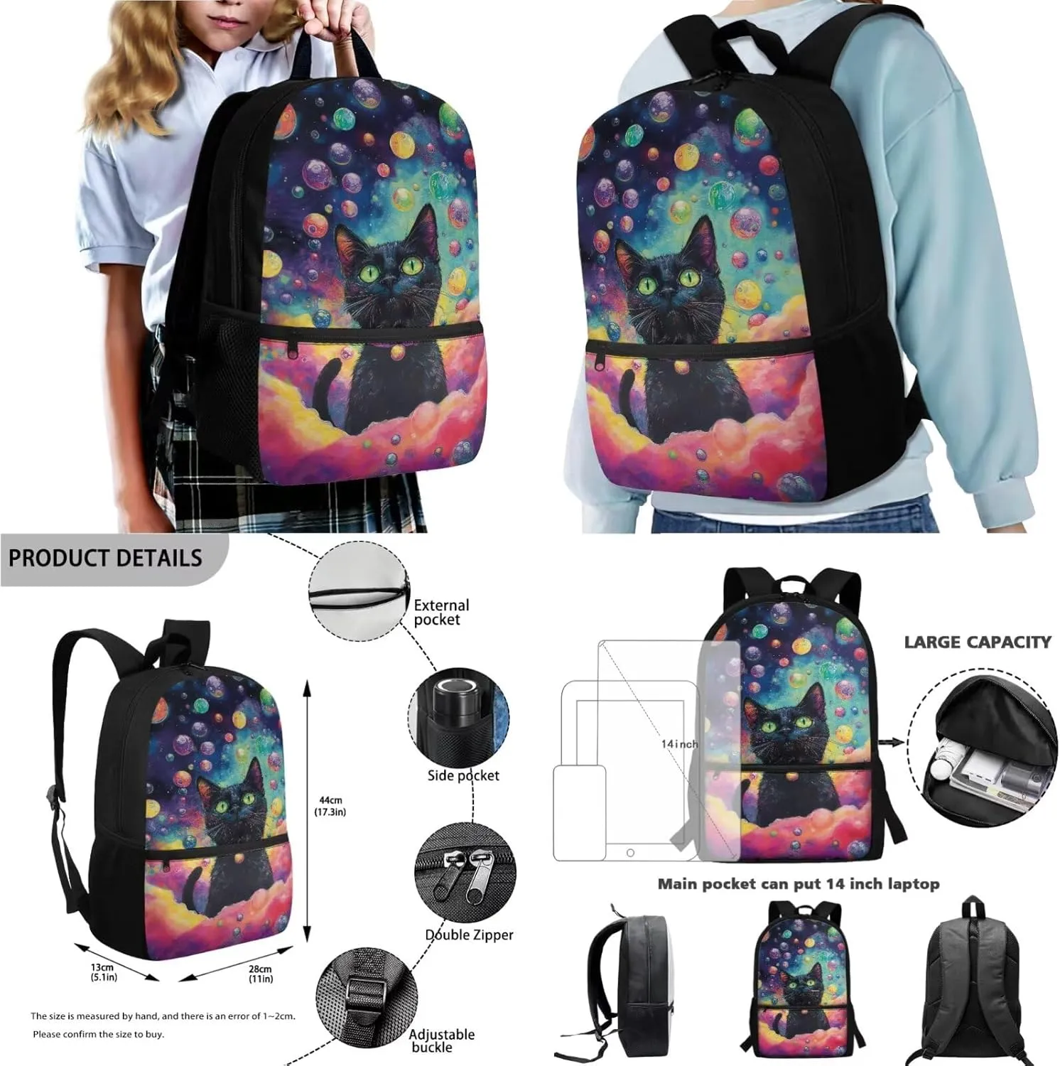 Cat Cloud Bubble Print 4PCS Backpack Set for Boys Girls, Large Capacity Kids Bookbag Set Preschool Kindergarten School Bag with Lunch Box Pencil Case and Water Bottle Holder