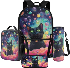 Cat Cloud Bubble Print 4PCS Backpack Set for Boys Girls, Large Capacity Kids Bookbag Set Preschool Kindergarten School Bag with Lunch Box Pencil Case and Water Bottle Holder