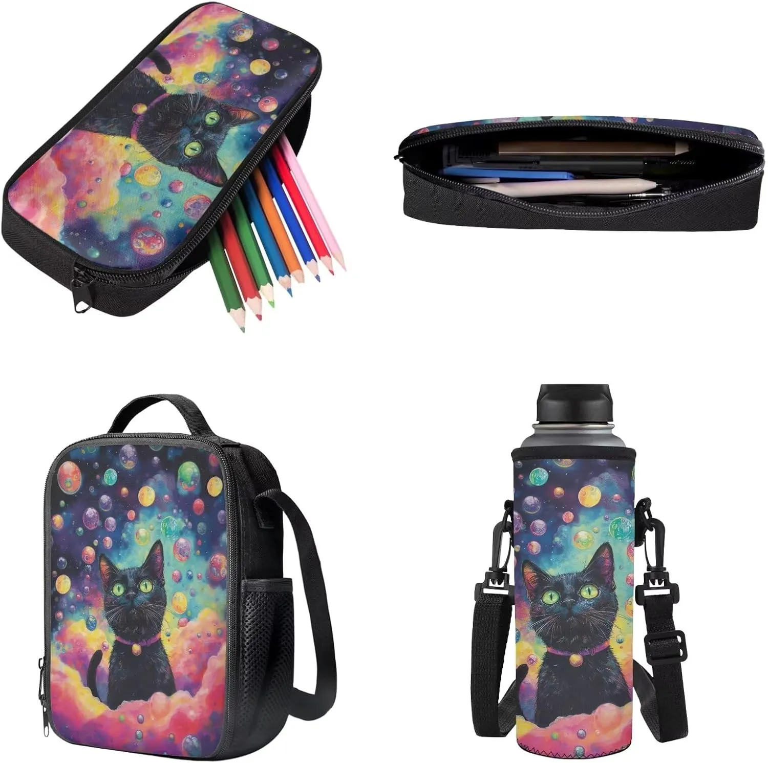 Cat Cloud Bubble Print 4PCS Backpack Set for Boys Girls, Large Capacity Kids Bookbag Set Preschool Kindergarten School Bag with Lunch Box Pencil Case and Water Bottle Holder
