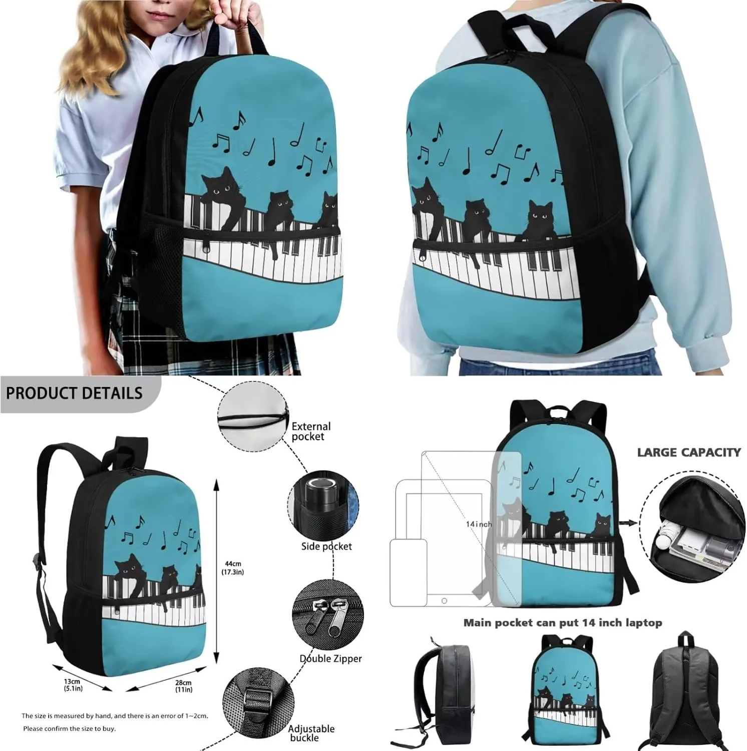 Cat Piano Music Note Print Boys Girls School Bag Set 4 Pcs Backpack with Lunch Box Pencil Case and Water Bottle Holder, Middle School Student Schoolbag Bookbag Set