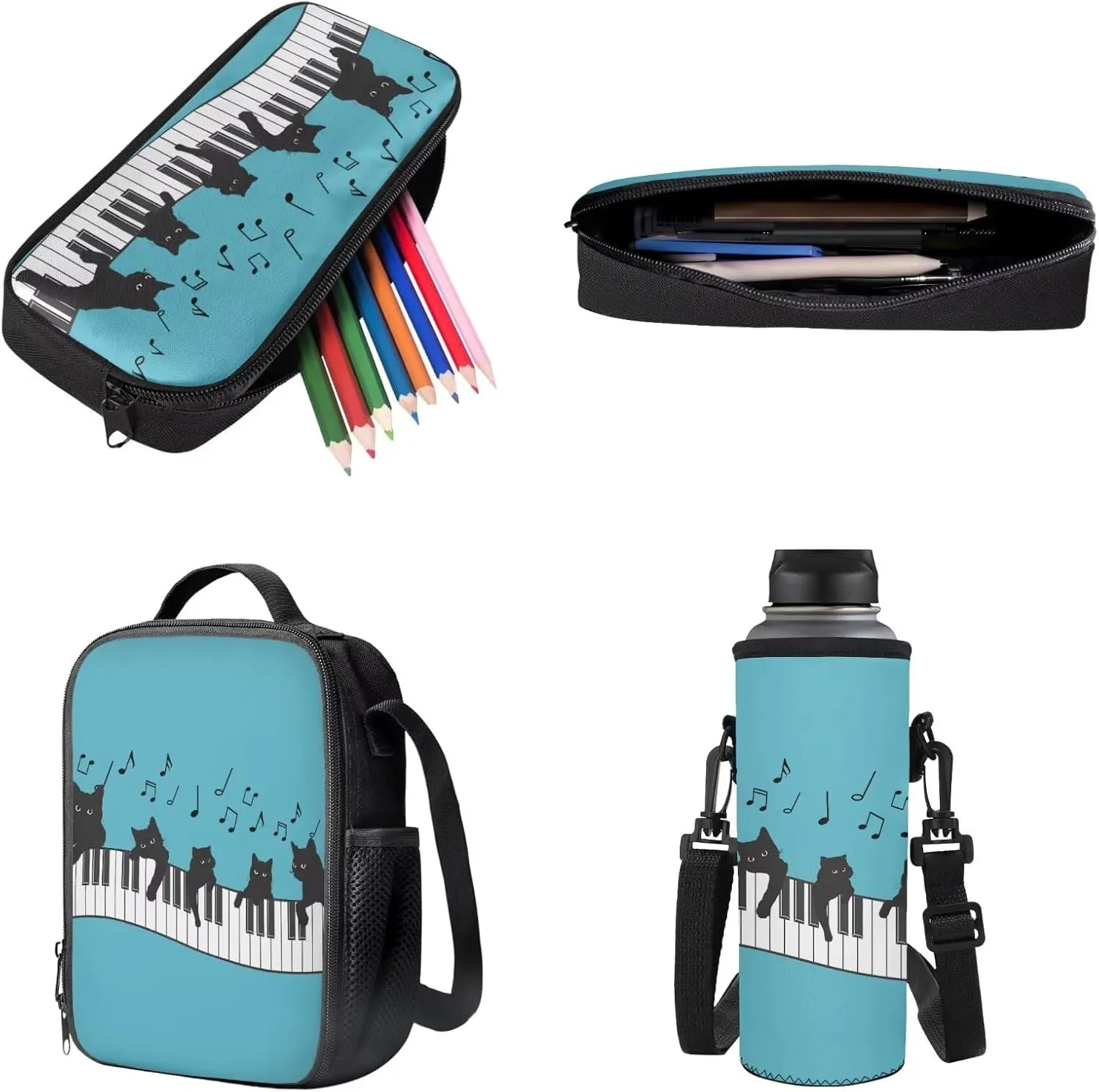 Cat Piano Music Note Print Boys Girls School Bag Set 4 Pcs Backpack with Lunch Box Pencil Case and Water Bottle Holder, Middle School Student Schoolbag Bookbag Set