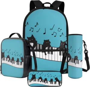 Cat Piano Music Note Print Boys Girls School Bag Set 4 Pcs Backpack with Lunch Box Pencil Case and Water Bottle Holder, Middle School Student Schoolbag Bookbag Set