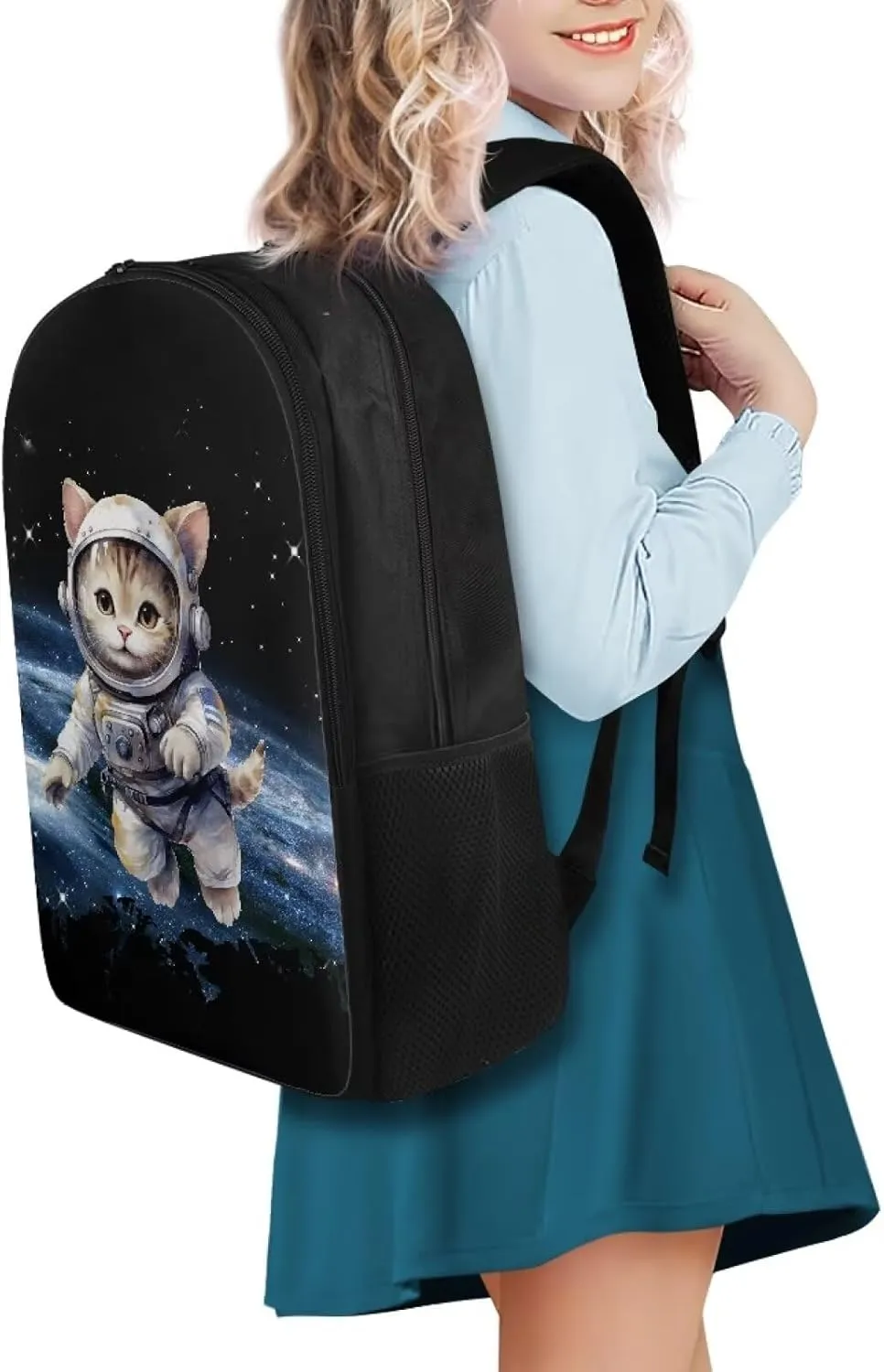 Cat Space Print 17 Inch Toddler School Bag Backpack for Kids Boys Girls Primary Elementary School Bookbag Bagpack Lightweight Polyester Shoulder Bag Daypack Laptop Bags for Teens