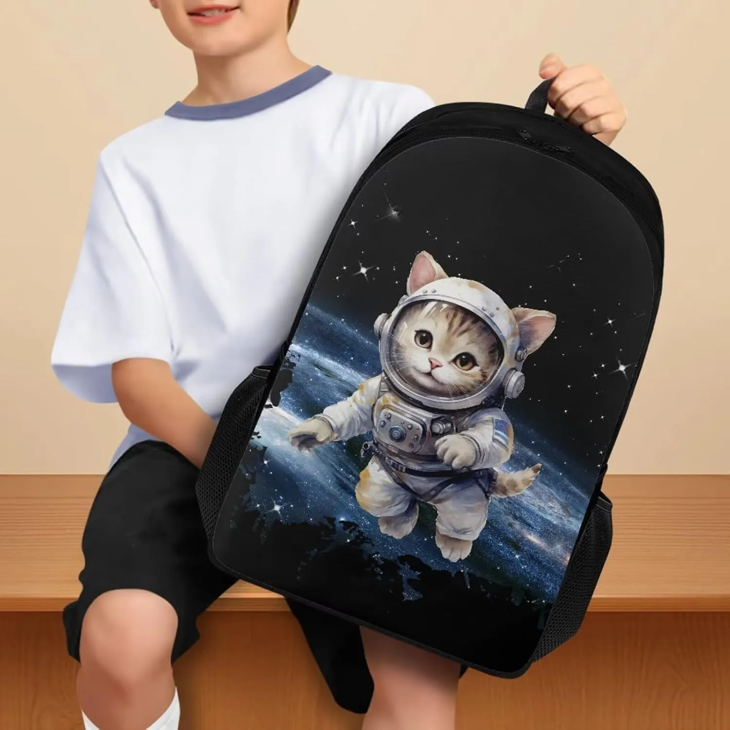 Cat Space Print 17 Inch Toddler School Bag Backpack for Kids Boys Girls Primary Elementary School Bookbag Bagpack Lightweight Polyester Shoulder Bag Daypack Laptop Bags for Teens