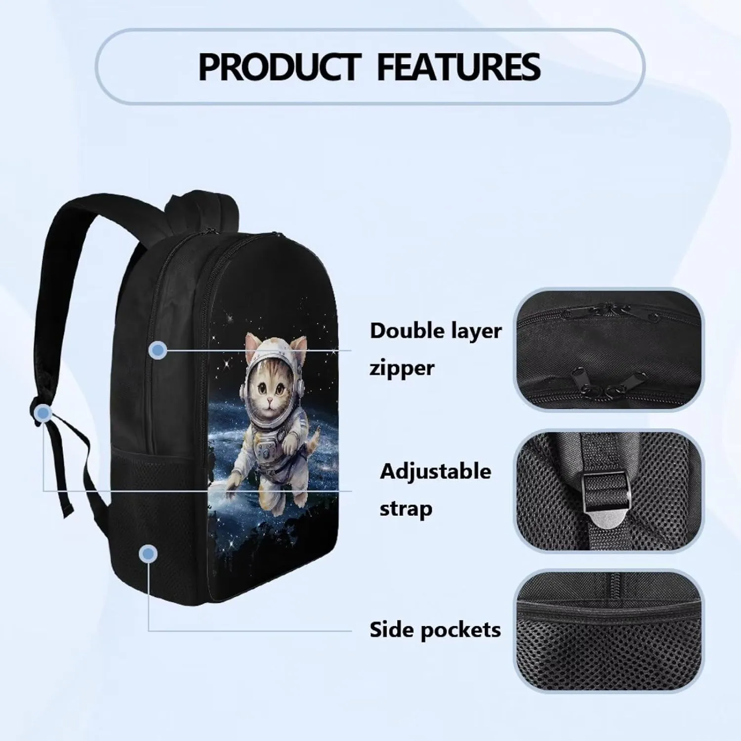 Cat Space Print 17 Inch Toddler School Bag Backpack for Kids Boys Girls Primary Elementary School Bookbag Bagpack Lightweight Polyester Shoulder Bag Daypack Laptop Bags for Teens
