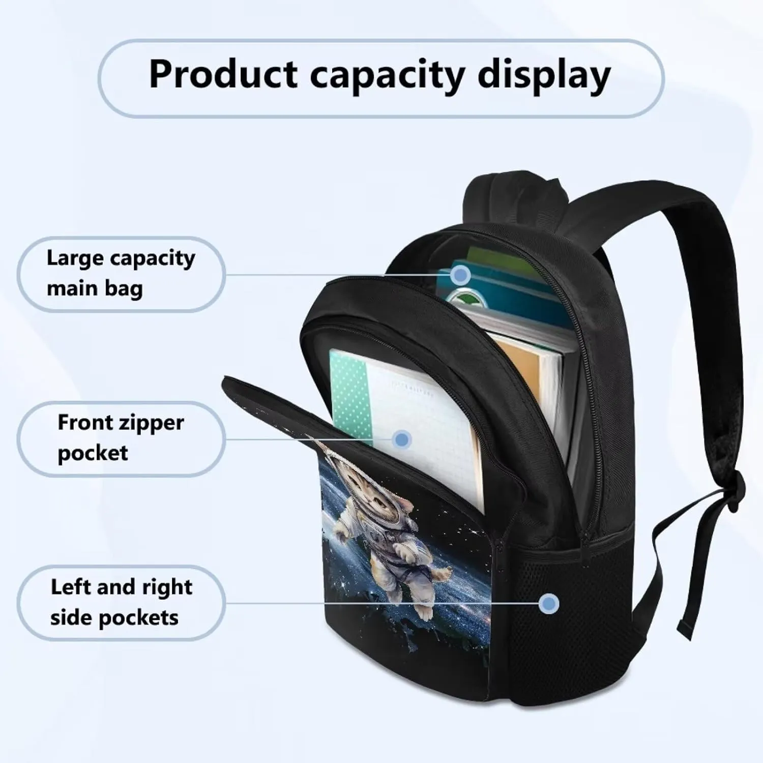 Cat Space Print 17 Inch Toddler School Bag Backpack for Kids Boys Girls Primary Elementary School Bookbag Bagpack Lightweight Polyester Shoulder Bag Daypack Laptop Bags for Teens