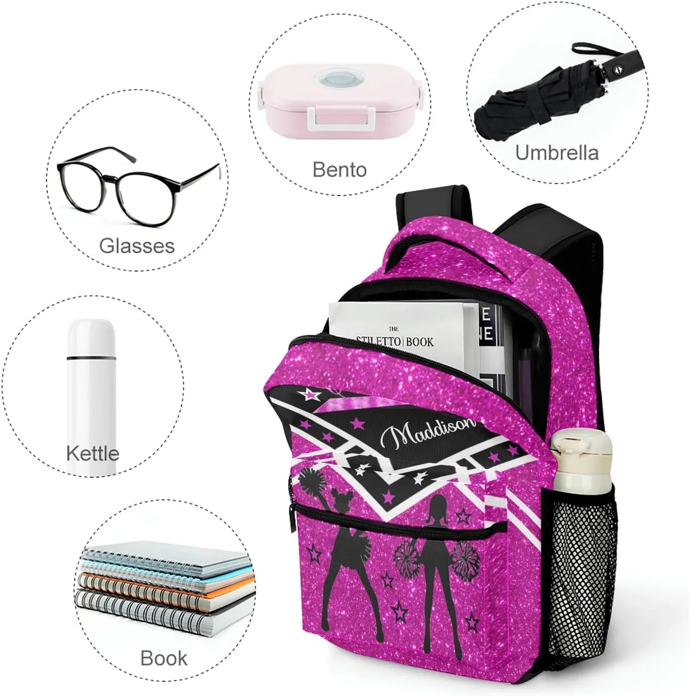 Cheerleader Megenta Cheer Personalized School Backpack for Kid-Boy/Girl Primary Daypack Travel Bookbag