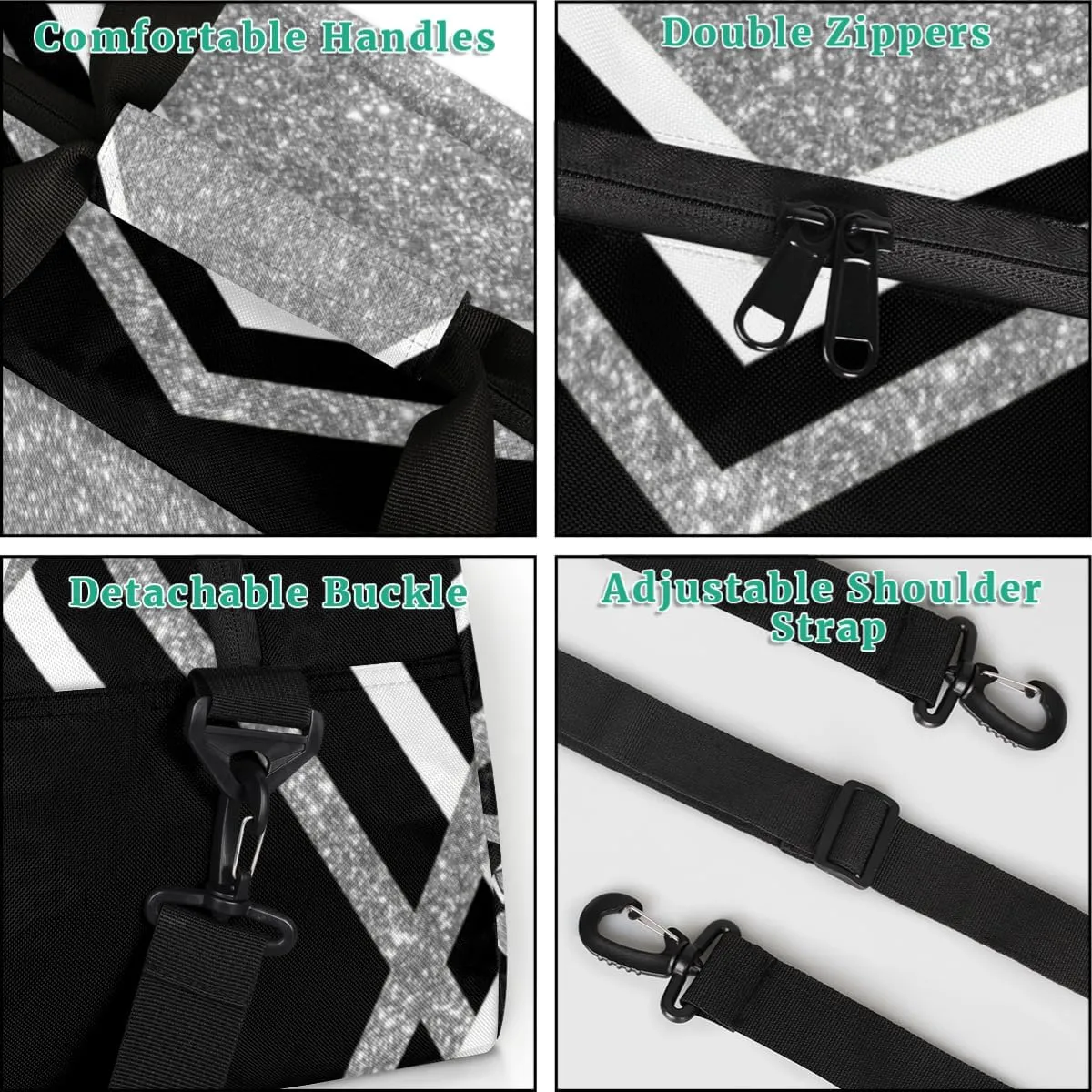 Cheerleading Dance Bag Girls, Sports Bag Gym Sport Duffel Bag Weekender Cheerleaders Bags Travel Dancing Lightweight Bag, Silver Black Glitters Print Effect