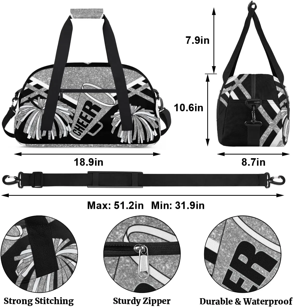Cheerleading Dance Bag Girls, Sports Bag Gym Sport Duffel Bag Weekender Cheerleaders Bags Travel Dancing Lightweight Bag, Silver Black Glitters Print Effect