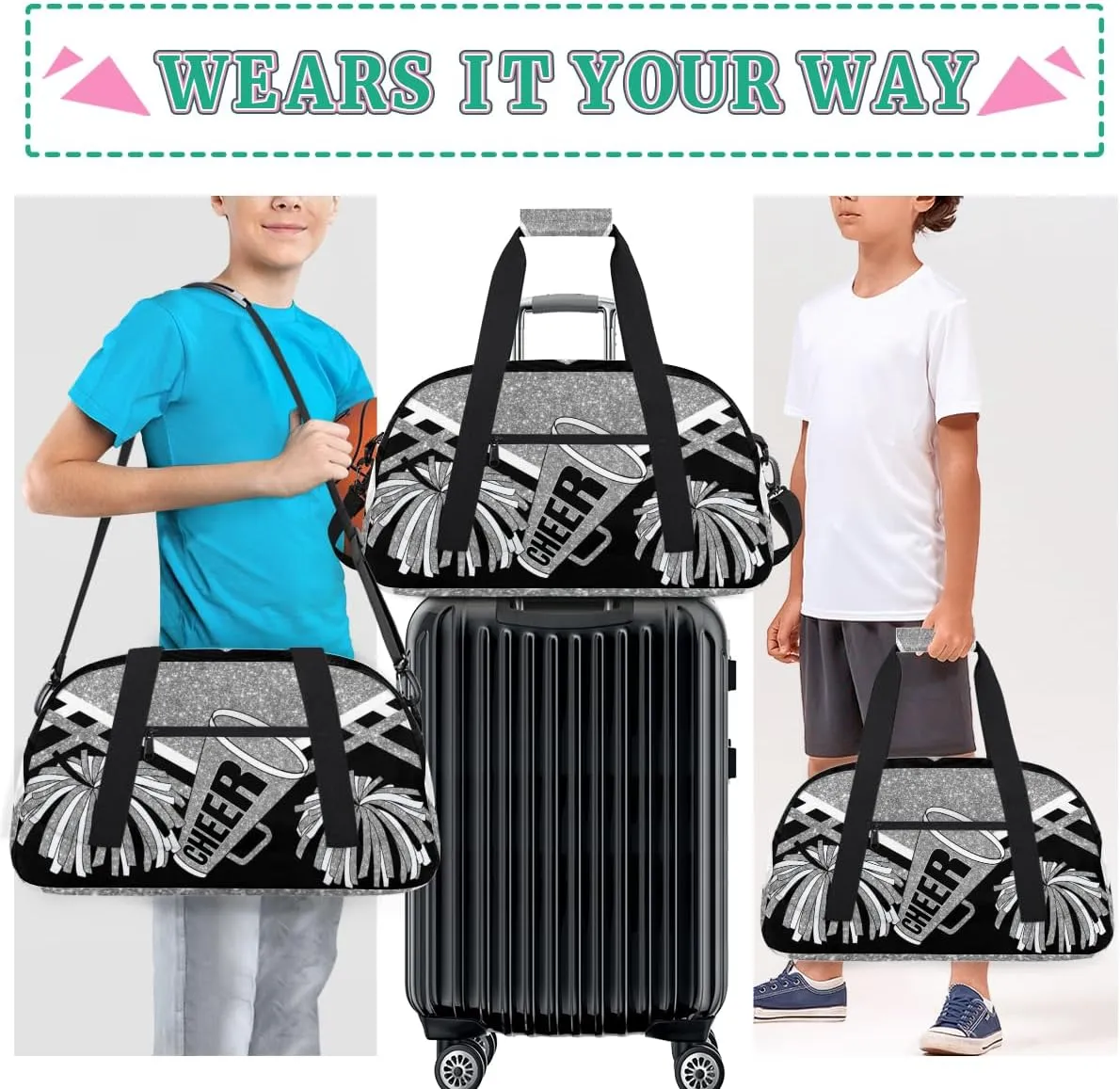 Cheerleading Dance Bag Girls, Sports Bag Gym Sport Duffel Bag Weekender Cheerleaders Bags Travel Dancing Lightweight Bag, Silver Black Glitters Print Effect