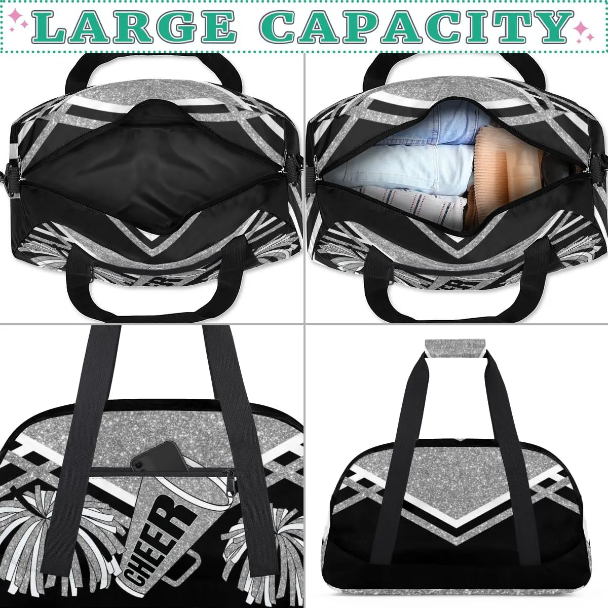 Cheerleading Dance Bag Girls, Sports Bag Gym Sport Duffel Bag Weekender Cheerleaders Bags Travel Dancing Lightweight Bag, Silver Black Glitters Print Effect