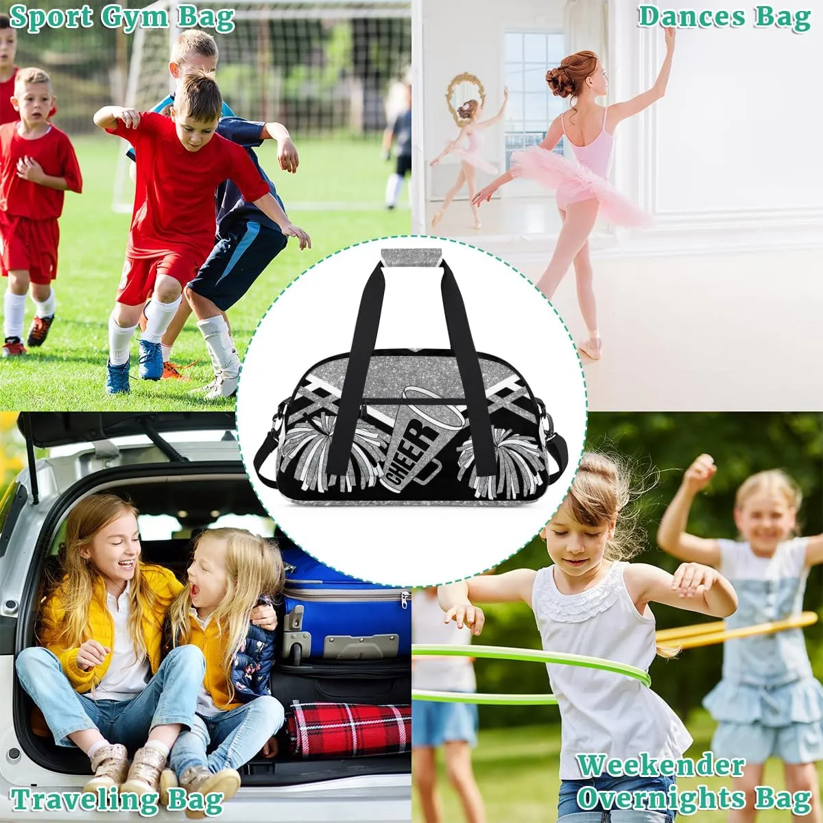 Cheerleading Dance Bag Girls, Sports Bag Gym Sport Duffel Bag Weekender Cheerleaders Bags Travel Dancing Lightweight Bag, Silver Black Glitters Print Effect
