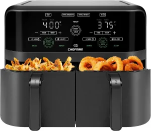 Chefman 6 Quart Dual Basket Air Fryer - Digital Touchscreen, Smart Sync Finish, Hi-Fry, Auto Shutoff, 2 Independent 3QT Nonstick Dishwasher-Safe Frying Baskets - Digital Double Air Fryer - Black