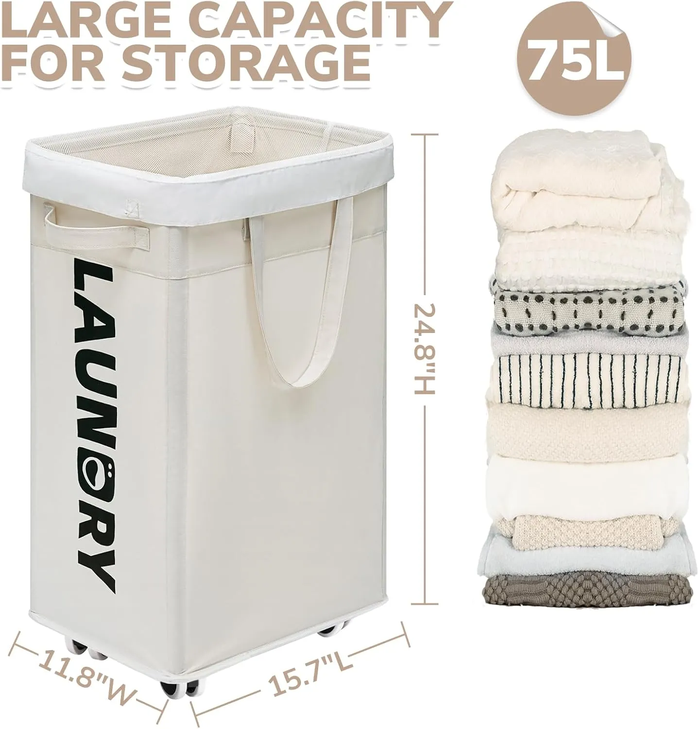 CHICVITA 2-Pack Laundry Baskets with Wheels and Handle,75L Collapsible Clothes Basket with Removable Wash Bags for Dorms and Corners, White Rolling Laundry Hamper