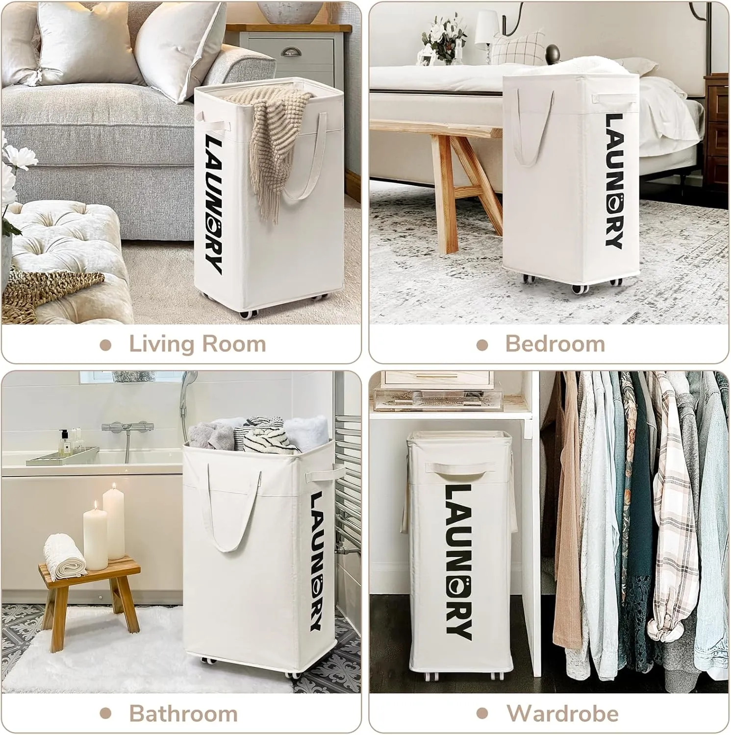 CHICVITA 2-Pack Laundry Baskets with Wheels and Handle,75L Collapsible Clothes Basket with Removable Wash Bags for Dorms and Corners, White Rolling Laundry Hamper
