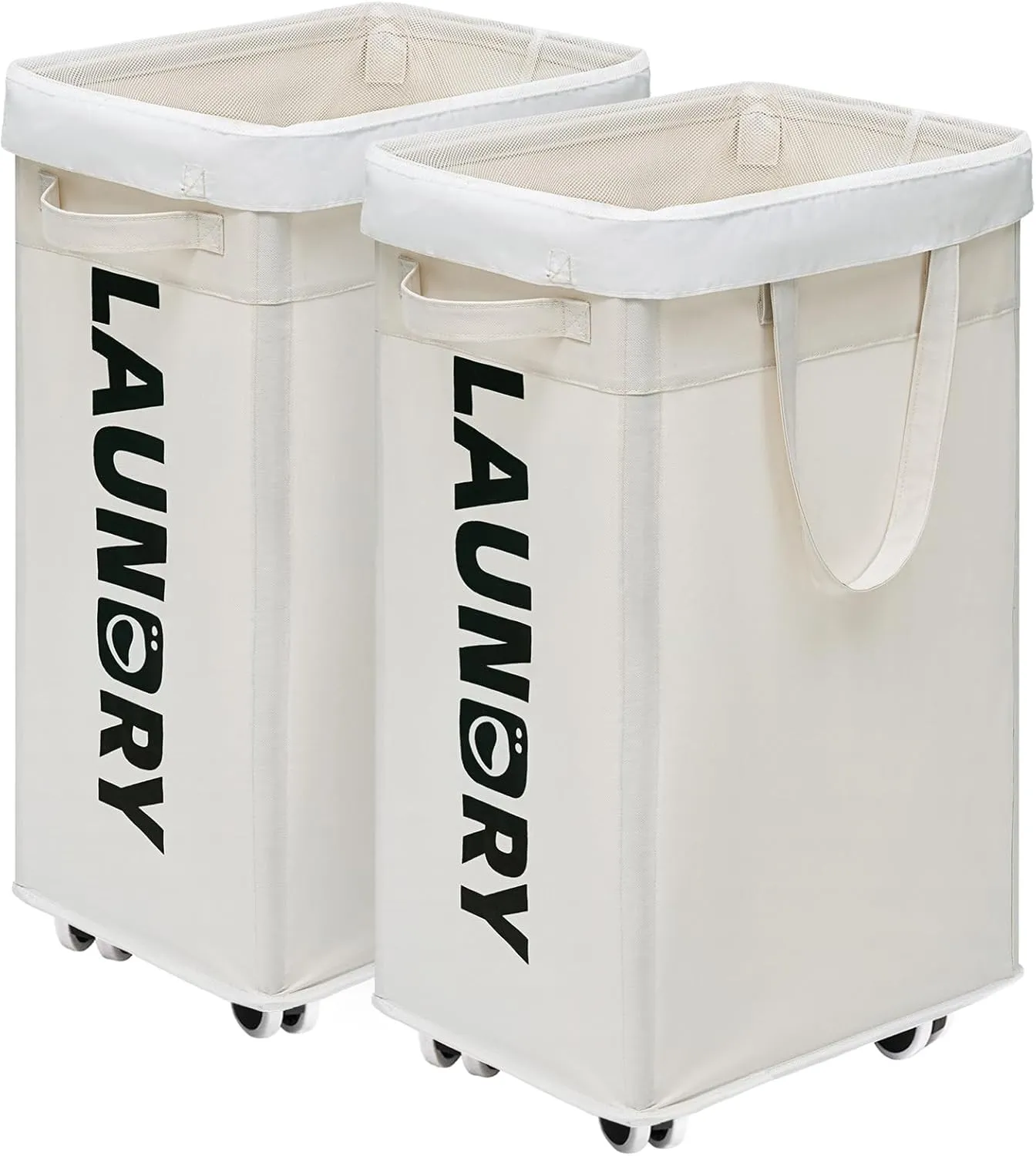 CHICVITA 2-Pack Laundry Baskets with Wheels and Handle,75L Collapsible Clothes Basket with Removable Wash Bags for Dorms and Corners, White Rolling Laundry Hamper