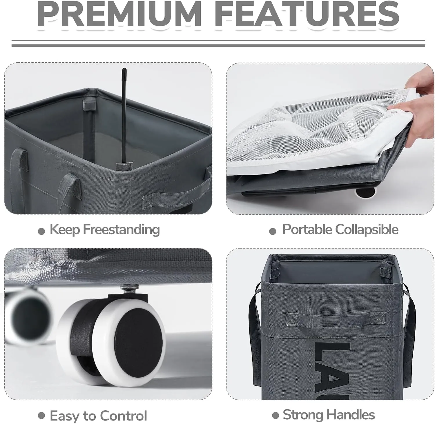CHICVITA Hamper with Wheels 2-Pack, 75L Large Laundry Baskets with Removable Wash Bags, Foldable Laundry Baskets with Slim Design for Corner Dorms, Rolling Laundry Hamper on Wheels, Grey