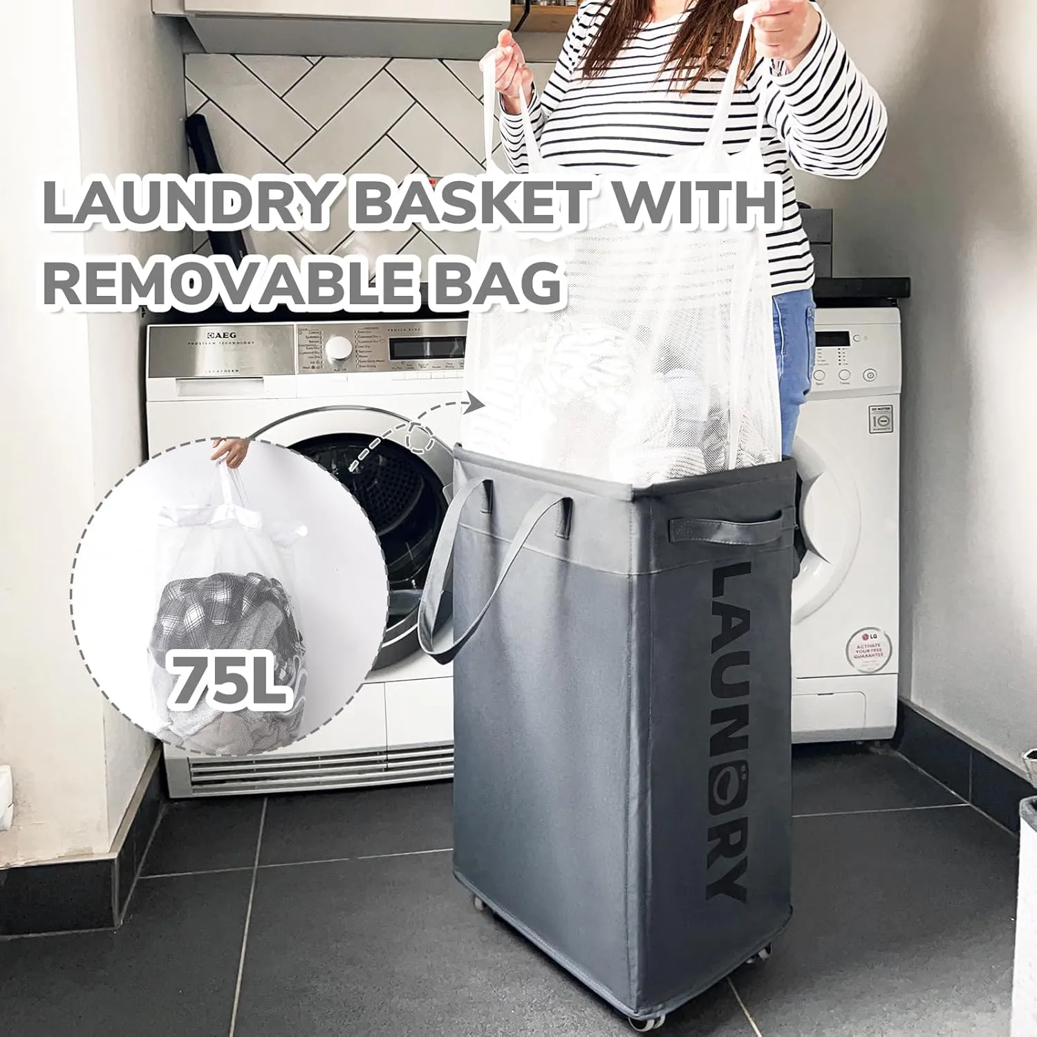 CHICVITA Hamper with Wheels 2-Pack, 75L Large Laundry Baskets with Removable Wash Bags, Foldable Laundry Baskets with Slim Design for Corner Dorms, Rolling Laundry Hamper on Wheels, Grey