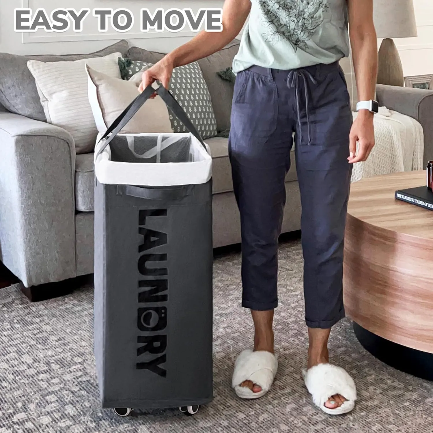 CHICVITA Hamper with Wheels 2-Pack, 75L Large Laundry Baskets with Removable Wash Bags, Foldable Laundry Baskets with Slim Design for Corner Dorms, Rolling Laundry Hamper on Wheels, Grey