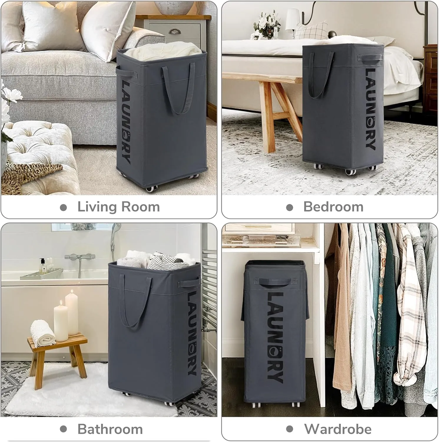CHICVITA Hamper with Wheels 2-Pack, 75L Large Laundry Baskets with Removable Wash Bags, Foldable Laundry Baskets with Slim Design for Corner Dorms, Rolling Laundry Hamper on Wheels, Grey