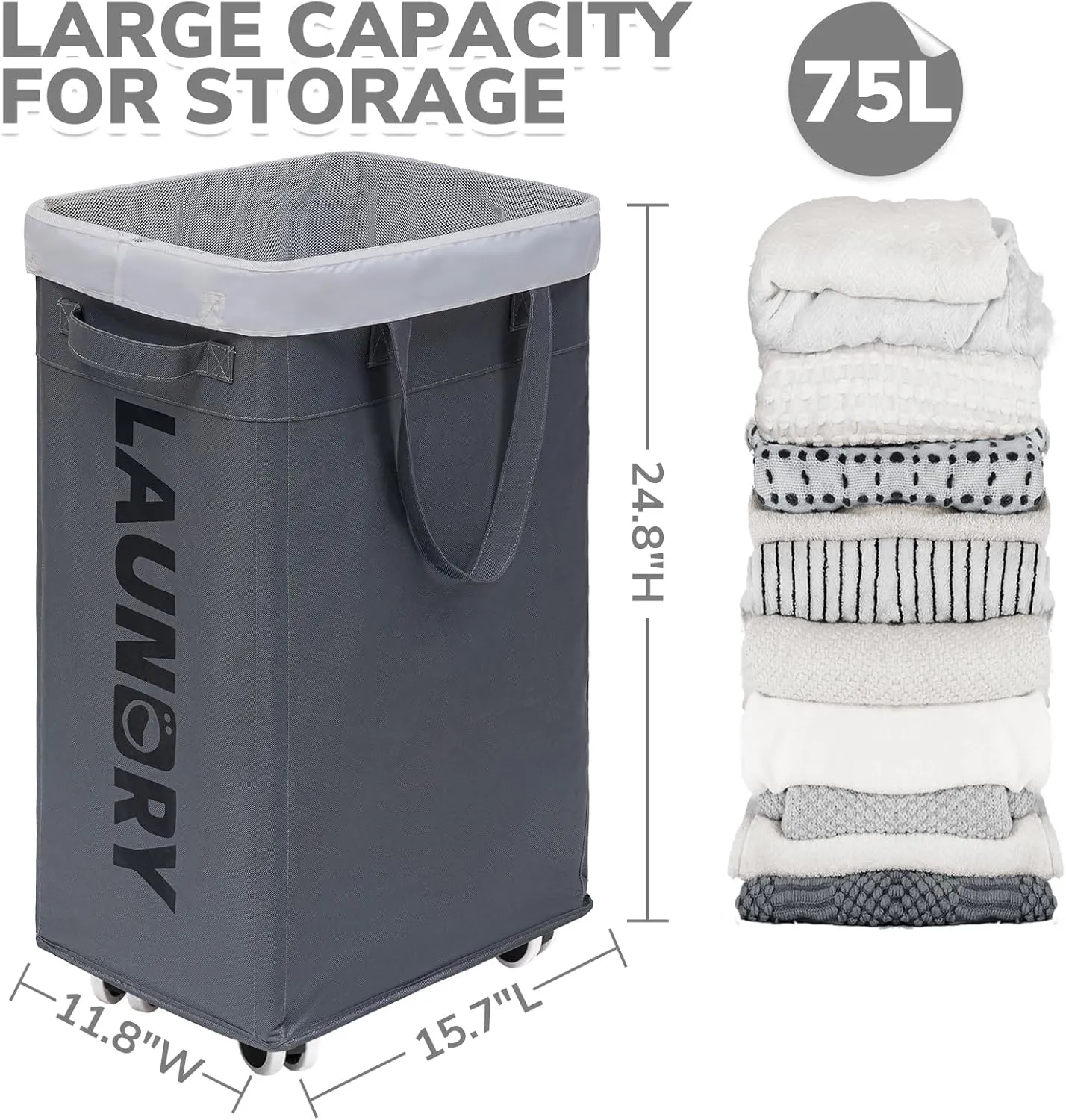 CHICVITA Hamper with Wheels 2-Pack, 75L Large Laundry Baskets with Removable Wash Bags, Foldable Laundry Baskets with Slim Design for Corner Dorms, Rolling Laundry Hamper on Wheels, Grey
