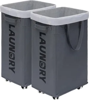 CHICVITA Hamper with Wheels 2-Pack, 75L Large Laundry Baskets with Removable Wash Bags, Foldable Laundry Baskets with Slim Design for Corner Dorms, Rolling Laundry Hamper on Wheels, Grey